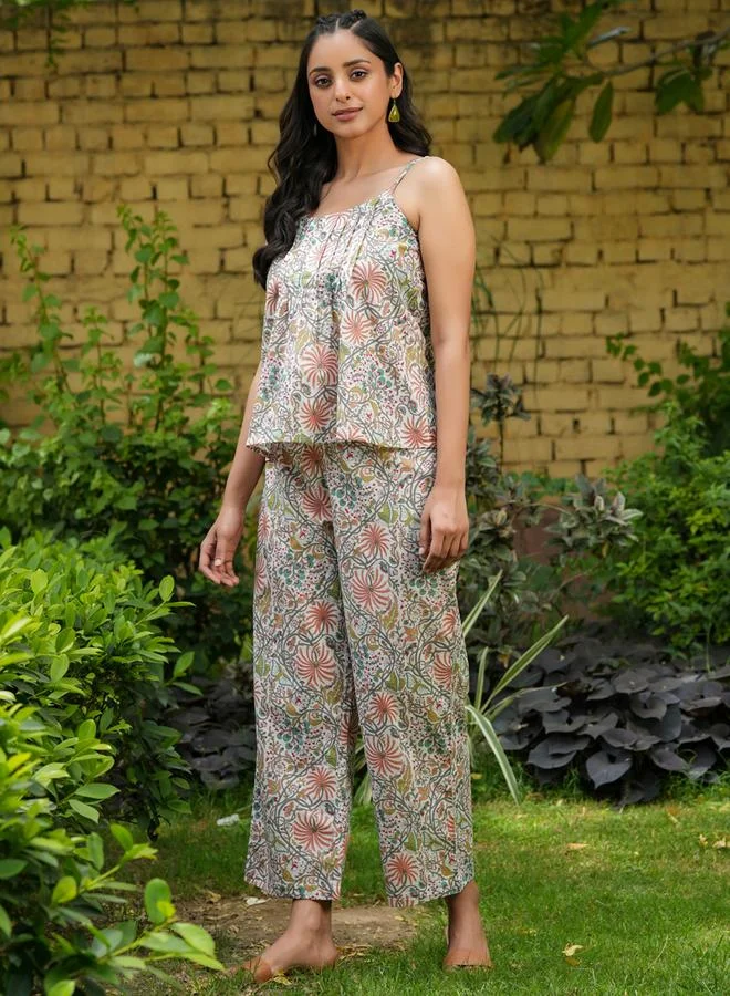 sanskrutihomes Sanskrutihomes Floral Printed Pure Cotton Strappy Top and Pyjama Set