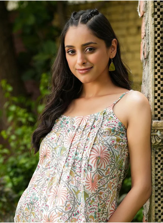 سانسكريتي هومز Sanskrutihomes Floral Printed Pure Cotton Strappy Top and Pyjama Set