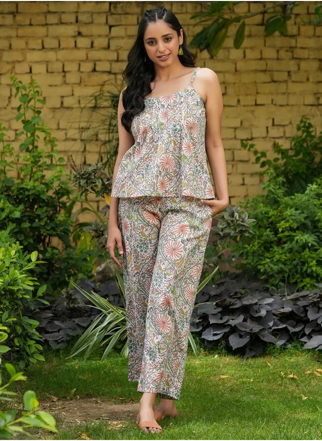 سانسكريتي هومز Sanskrutihomes Floral Printed Pure Cotton Strappy Top and Pyjama Set