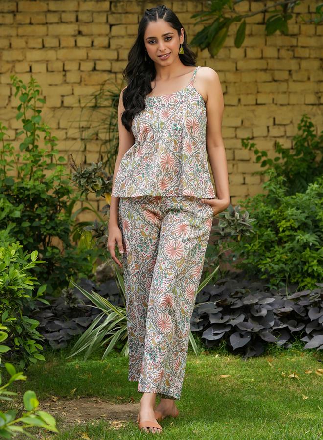 Sanskrutihomes Floral Printed Pure Cotton Strappy Top and Pyjama Set - Image 1
