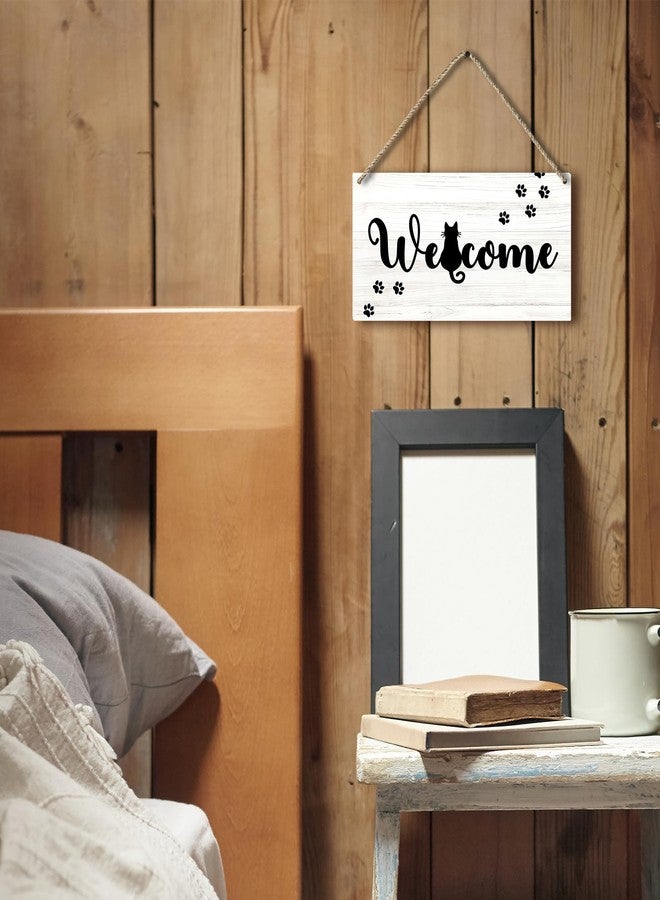 PHAMTE Funny Black Cat Welcome Printed Wood Plaque Sign Wall Hanging,Rustic Hanging Wall Signs for Cat Lover Home Decor, Funny Front Door Porch Welcome Sign 12 x 6 Inches - Image 2