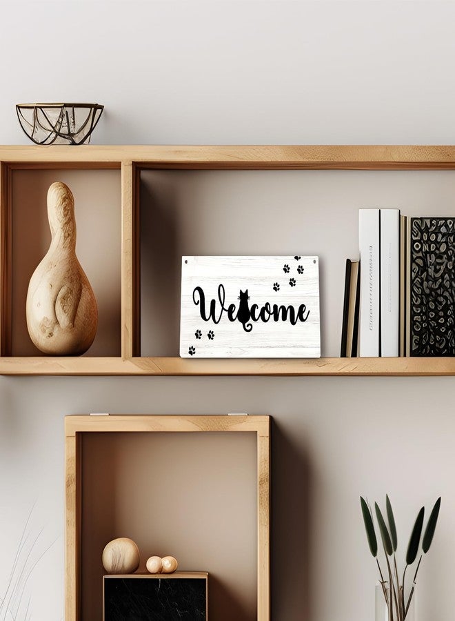 PHAMTE Funny Black Cat Welcome Printed Wood Plaque Sign Wall Hanging,Rustic Hanging Wall Signs for Cat Lover Home Decor, Funny Front Door Porch Welcome Sign 12 x 6 Inches - Image 3
