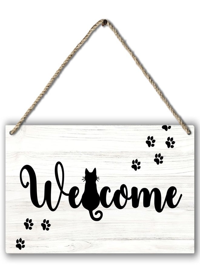PHAMTE Funny Black Cat Welcome Printed Wood Plaque Sign Wall Hanging,Rustic Hanging Wall Signs for Cat Lover Home Decor, Funny Front Door Porch Welcome Sign 12 x 6 Inches - Image 1