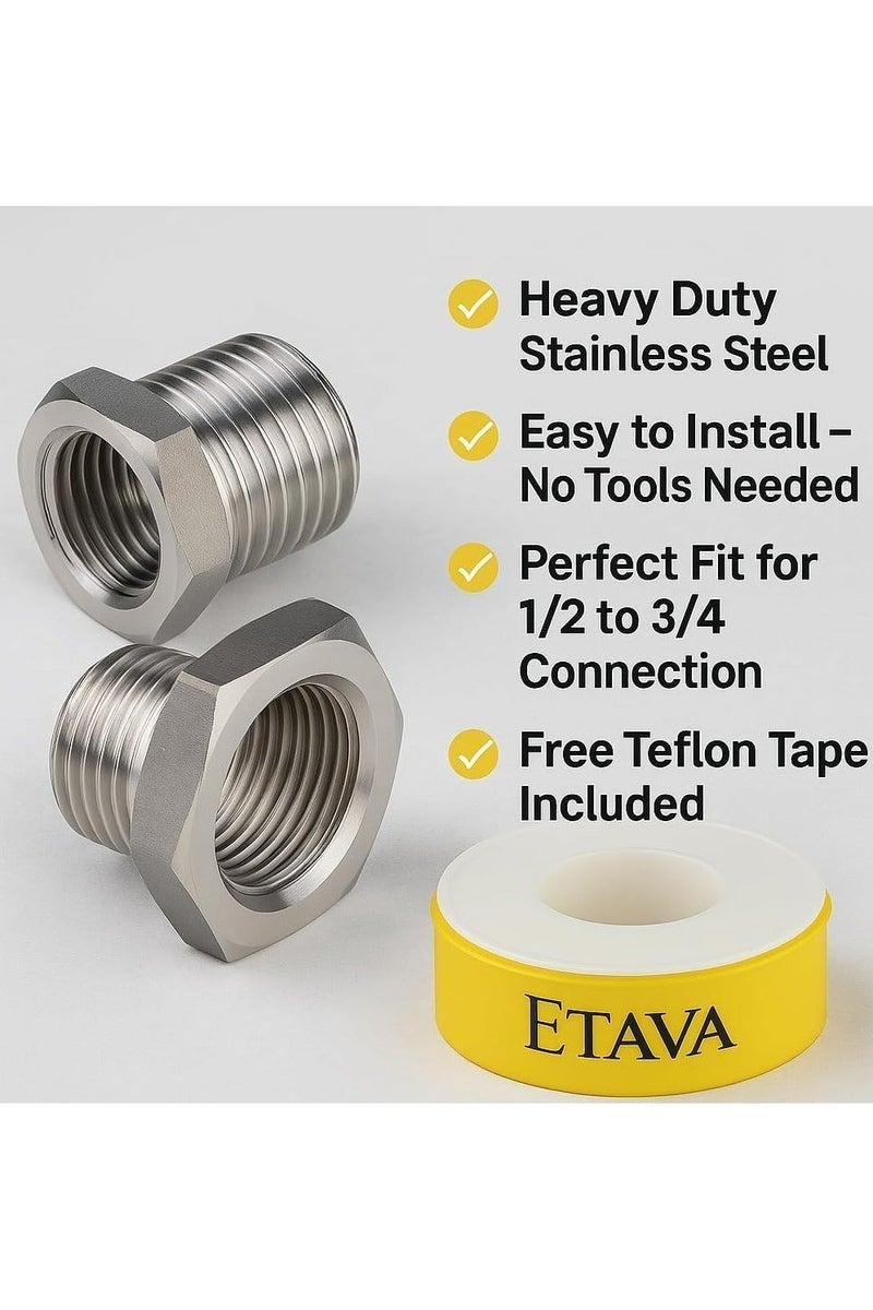 إيتافا وصلة محول (1/2 إلى 3/4 بوصة) عدد 2 مع شريط تفلون | مناسب للغسالة وغسالة الصحون وأنابيب المياه وصمام الزاوية – صناعة صينية - Image 2