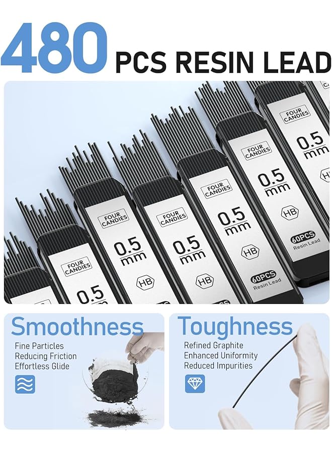 إيروريكس مجموعة أقلام رصاص ميكانيكية 0.5 مم مع حافظة 4 أقلام رصاص ميكانيكية معدنية 8 أنابيب عبوات رصاص Hb #2 3 ممحاة 4B و9 ممحاة عبوات أقلام رصاص ميكانيكية للكتابة والرسم - Image 4