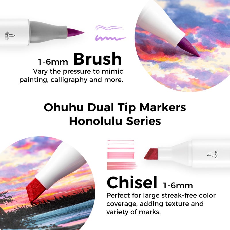 Ohuhu Alcohol Markers Brush Tip- 104-color Double Tipped Alcohol Based Art Marker Set for Artists Adults Coloring Illustration- Honolulu of Ohuhu Markers- Dual Tip Brush & Chisel- Refillable - Image 2