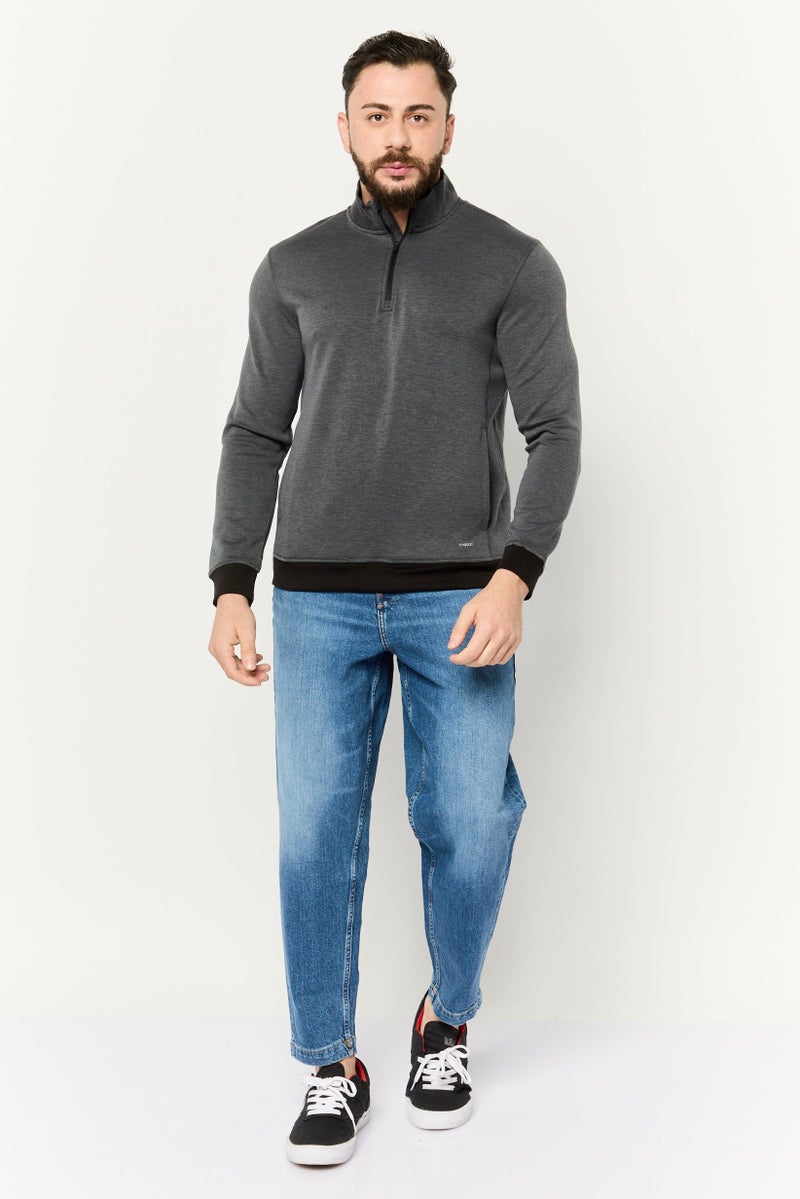 MOTION Men Half Zipper Brand Logo Long Sleeve Sweatshirt, Grey/Black - Image 2