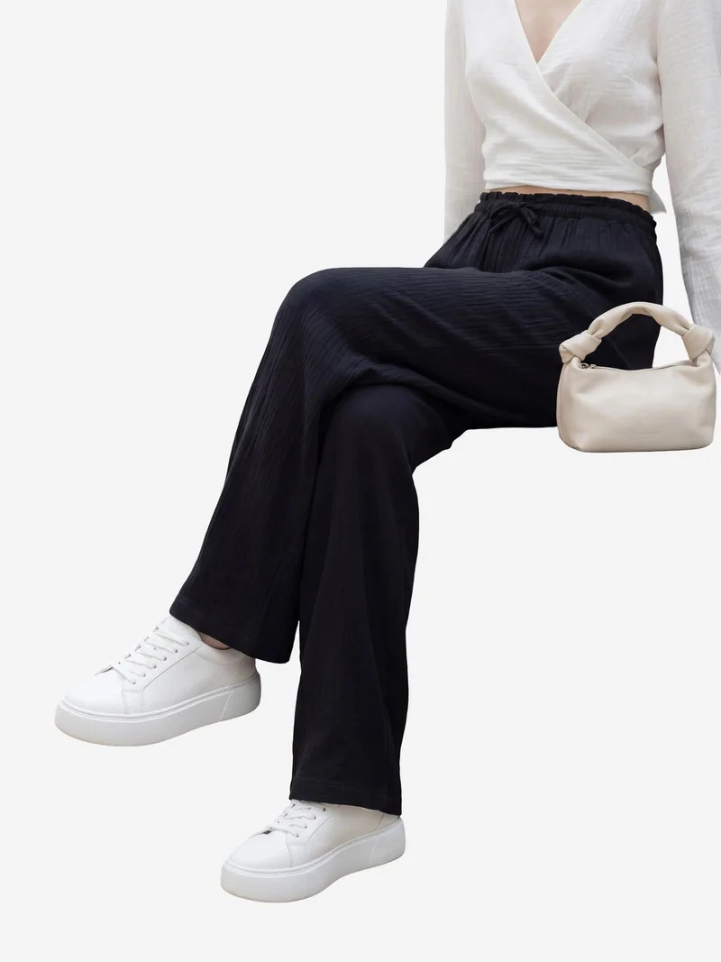MY FASHION Black MY FASHION Elastic Waist Straight Leg Pants for Women | Best Price UAE