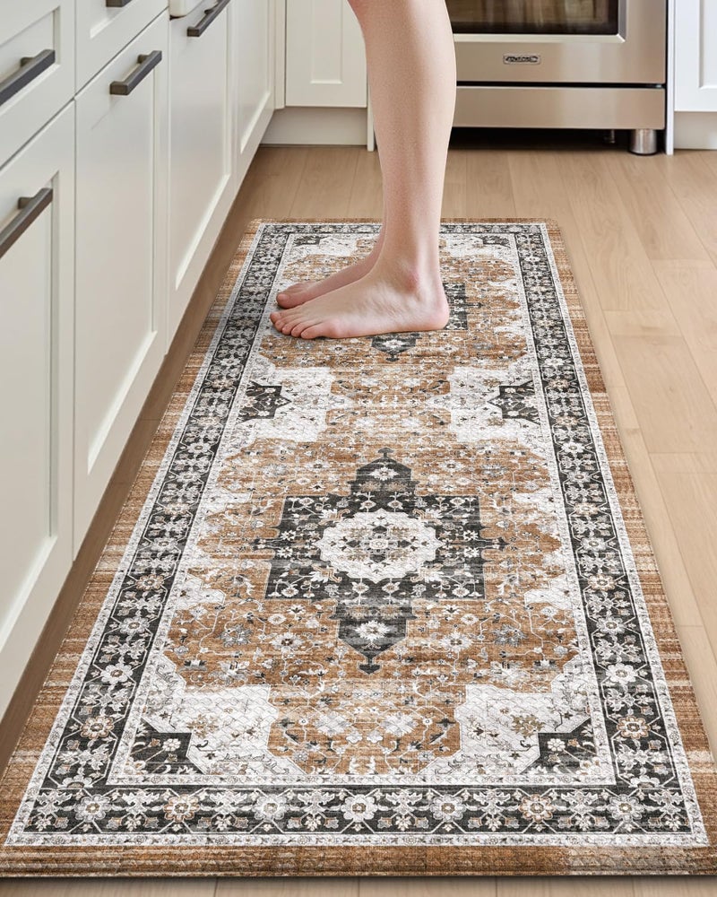 DEXI Kitchen Floor Mats Cushioned Anti Fatigue, 23x59 Long Wide Standing Comfort Runner Rug, Waterproof Retro Floral Memory Foam Padded for Front Sink Laundry, Brown/White - Image 1