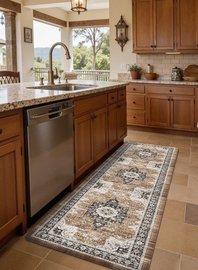 DEXI Kitchen Floor Mats Cushioned Anti Fatigue, 23x59 Long Wide Standing Comfort Runner Rug, Waterproof Retro Floral Memory Foam Padded for Front Sink Laundry, Brown/White - Image 5
