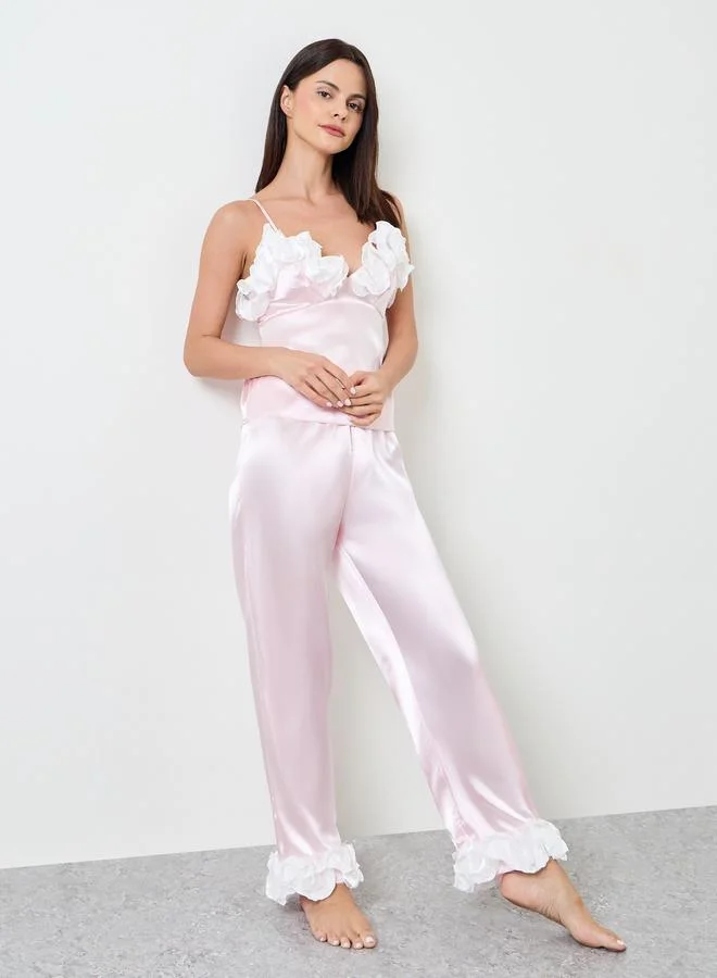 تايك تو Light Pink Ruffled Cami And Straight Leg Pyjama Set