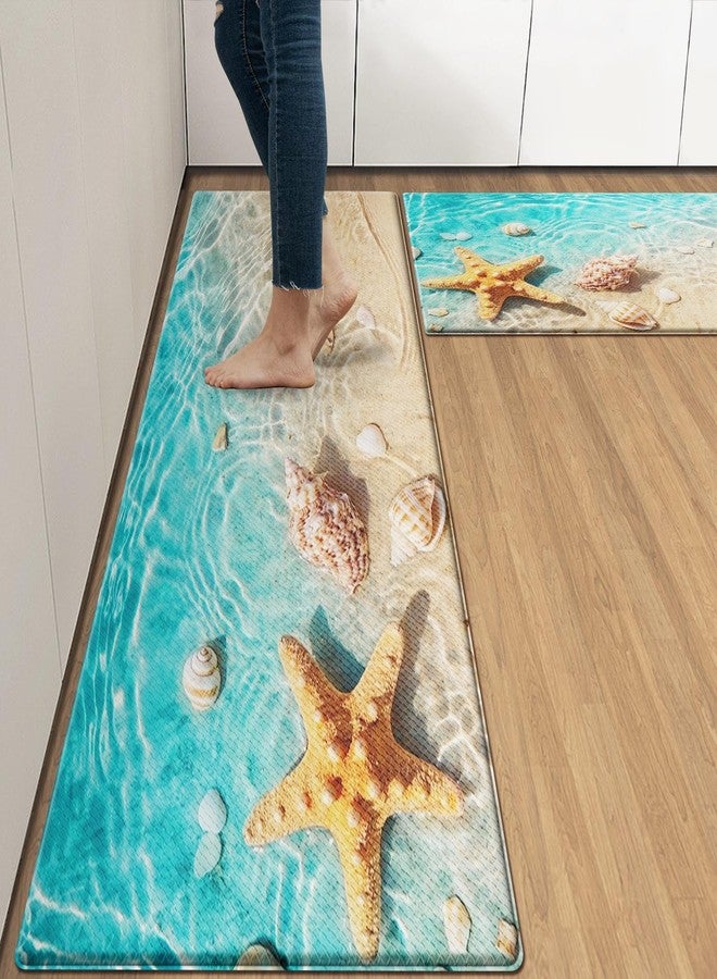 Nesphy Anti-Fatigue Beach Kitchen Rug Set of 2 Cushioned Seashell Rug Mat for Floor, Summer Standing Waterproof Non-Slip Mat PVC Ergonomic Comfort Foam Decor for Kitchen - Image 1