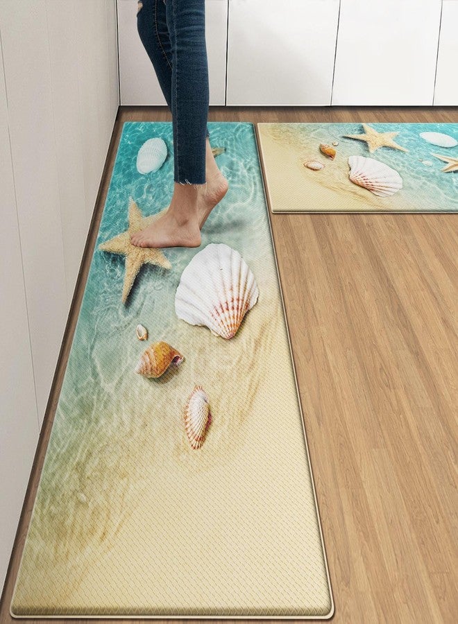 Nesphy Anti-Fatigue Beach Kitchen Rug Set of 2 Cushioned Seashell Rug Mat for Floor, Summer Standing Waterproof Non-Slip Mat PVC Ergonomic Comfort Foam Decor for Kitchen - Image 2
