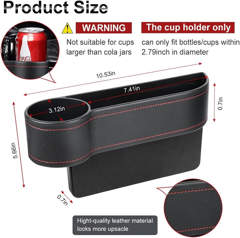 حشوة فجوة مقعد السيارة، عبوة واحدة منظم مقعد السيارة متعدد الوظائف مع حامل أكواب، منظم جانبي لوحدة التحكم في السيارة للهواتف المحمولة والمحافظ والمفاتيح والعملات والبطاقات والنظارات الشمسية، جانب السائق - أسود - Image 4
