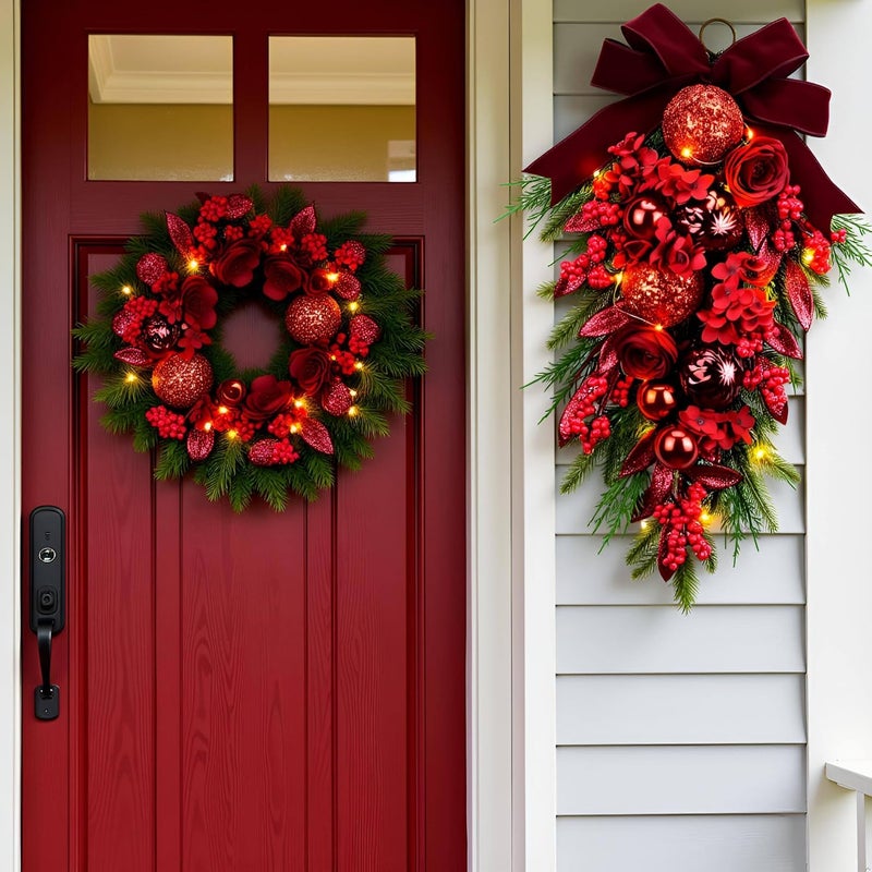 YULETIME 24" Decorative Teardrop Swag, Artificial Christmas Swag with Red Hydrangea & Baubles, Purple Bowknot, Red Berries, Sparkling Leaves, Pine Needles - Image 3