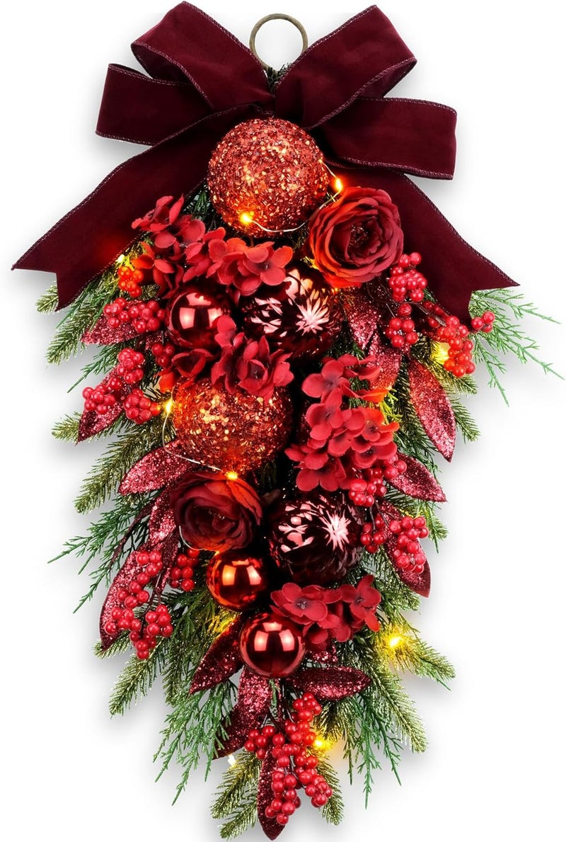 YULETIME 24" Decorative Teardrop Swag, Artificial Christmas Swag with Red Hydrangea & Baubles, Purple Bowknot, Red Berries, Sparkling Leaves, Pine Needles - Image 1