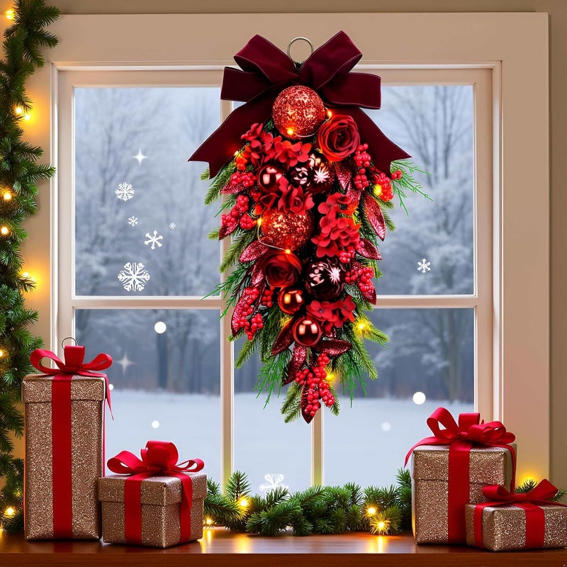 YULETIME 24" Decorative Teardrop Swag, Artificial Christmas Swag with Red Hydrangea & Baubles, Purple Bowknot, Red Berries, Sparkling Leaves, Pine Needles - Image 2