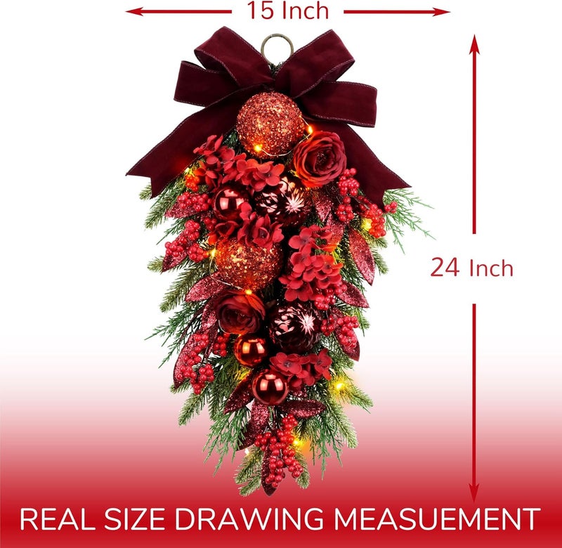 YULETIME 24" Decorative Teardrop Swag, Artificial Christmas Swag with Red Hydrangea & Baubles, Purple Bowknot, Red Berries, Sparkling Leaves, Pine Needles - Image 4