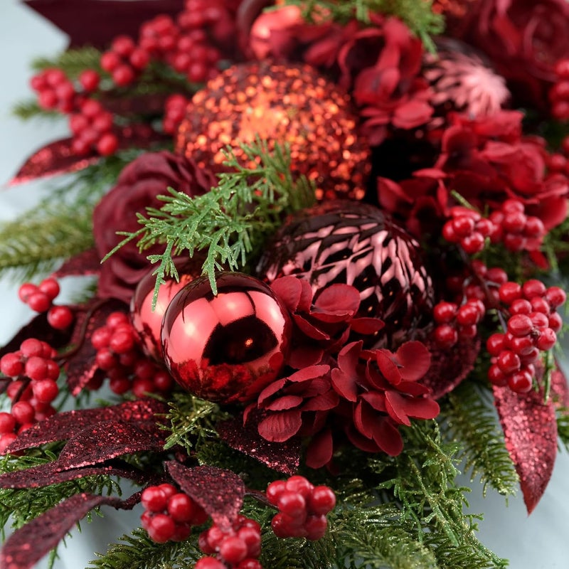YULETIME 24" Decorative Teardrop Swag, Artificial Christmas Swag with Red Hydrangea & Baubles, Purple Bowknot, Red Berries, Sparkling Leaves, Pine Needles - Image 5