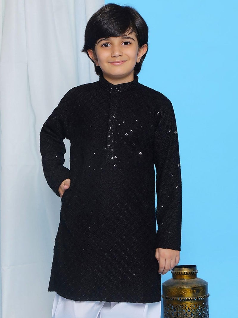 AJ DEZINES Kids Cotton Full Sleeve Sequined Black Kurta for Boys - Ethnic wear | Special Occasion & Party Outfit | Chikankari Kurta for boys - Regular Fit - Image 2