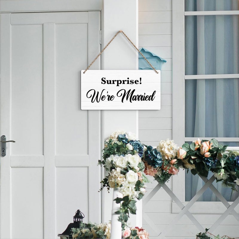 BELLOWDEER Rustic Wedding Sign Surprise We're Married, Engagement Wedding Photo Props Sign, Weddings Decor Stuff Engagement Party Decorations 12x6 Inches (White) - Image 3