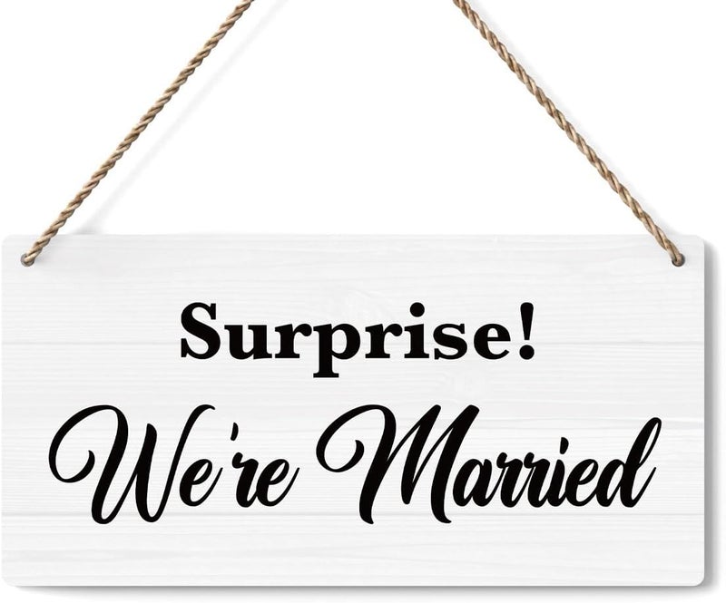 BELLOWDEER Rustic Wedding Sign Surprise We're Married, Engagement Wedding Photo Props Sign, Weddings Decor Stuff Engagement Party Decorations 12x6 Inches (White) - Image 1