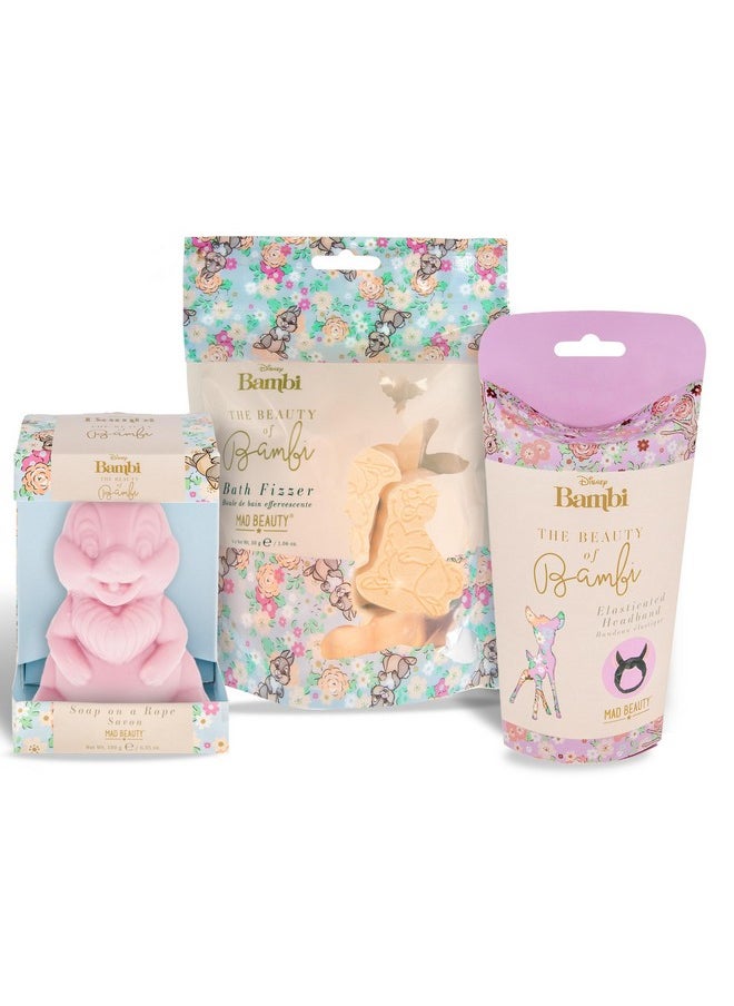 Mad Beauty Disney Tumper Pamer Set Gift Bundle Pack Of 6 Thumper Bath Fizzers Bambi Elastic Headband Thumper Soap On A Rope Great Gift  - Image 1
