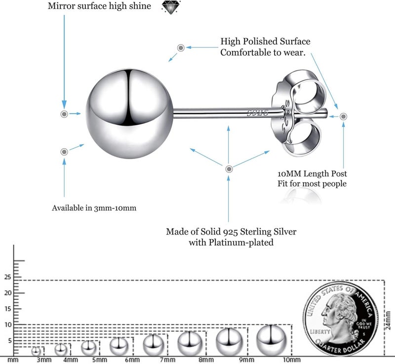 EVERU 925 Sterling Silver Ball Stud Earrings Available in 3mm-10mm,Classic Round Ball Studs Hypoallergenic Jewelry - Image 2
