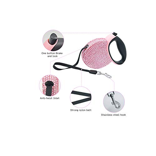 Triumilynn Pink Rhinestone Retractable Dog Leash Bling 10ft, Sparkle Sparkling Pet Cat Leash for Small Breed, Bling Crystal Small Dog Leash Cute, Girl Dog Lead Waste Bags Dispenser Included, 360° Tangle-Free - Image 2