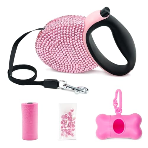 Triumilynn Pink Rhinestone Retractable Dog Leash Bling 10ft, Sparkle Sparkling Pet Cat Leash for Small Breed, Bling Crystal Small Dog Leash Cute, Girl Dog Lead Waste Bags Dispenser Included, 360° Tangle-Free - Image 1