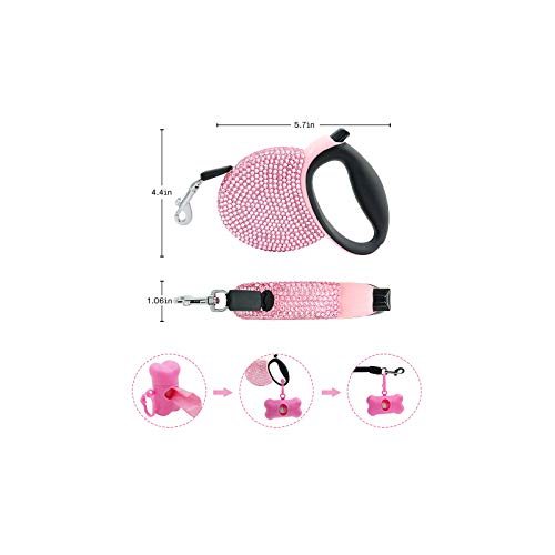 Triumilynn Pink Rhinestone Retractable Dog Leash Bling 10ft, Sparkle Sparkling Pet Cat Leash for Small Breed, Bling Crystal Small Dog Leash Cute, Girl Dog Lead Waste Bags Dispenser Included, 360° Tangle-Free - Image 4
