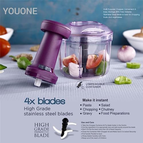 YOUONE Food Chopper, Steel Large Manual Hand - Push Chop Vegetable Onion Chopper Mixer Cutter to Cut Vegetable,Fruits, Tomato, Potato (1000 ML) - Image 5