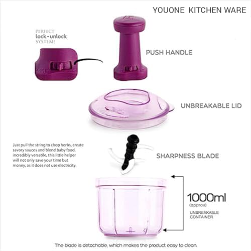 YOUONE Food Chopper, Steel Large Manual Hand - Push Chop Vegetable Onion Chopper Mixer Cutter to Cut Vegetable,Fruits, Tomato, Potato (1000 ML) - Image 2
