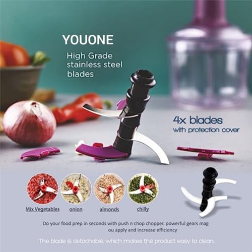 YOUONE Food Chopper, Steel Large Manual Hand - Push Chop Vegetable Onion Chopper Mixer Cutter to Cut Vegetable,Fruits, Tomato, Potato (1000 ML) - Image 3