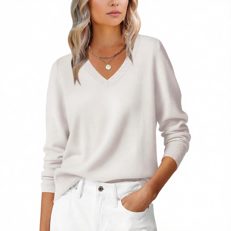 Women's Long Sleeve V-Neck Sweater Casual Classic Soft Loose Pullover