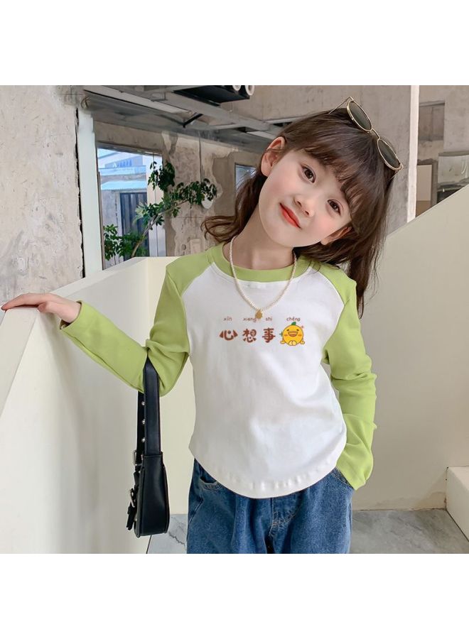 Girls' Pure Cotton Arc Color-blocking Base Shirt Spring/autumn New Children's Long Sleeve T-shirt Thin Version Medium/large Kids Clothing