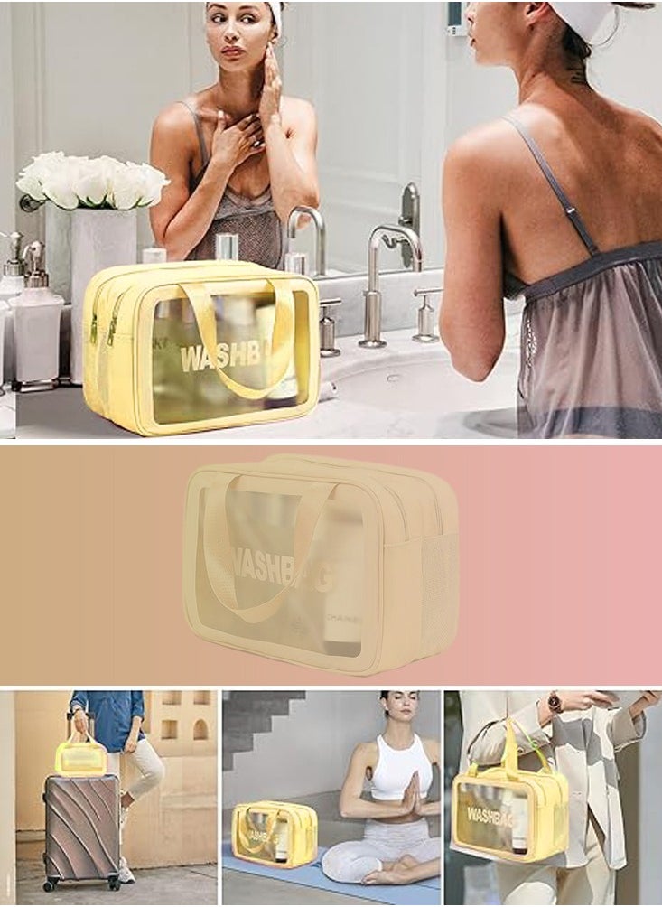 Edots Wash Bag - Clear Large Travel Toiletry Bag - Waterproof PVC Makeup Organizer, Transparent Cosmetic Tote with Drainage, Yellow  - Image 3