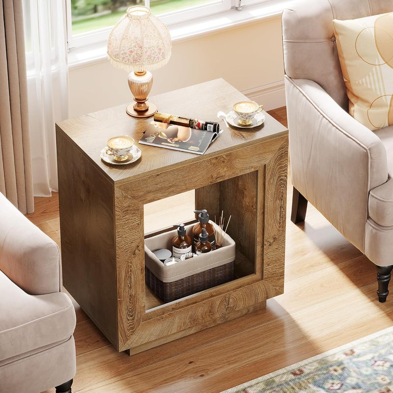 Tribesigns Rustic Wood End Table, 2 Tiered Square Side Table with Storage Shelf, Industrial Sofa Side Table for Living Room, Entrance (2, Wood) - Image 4