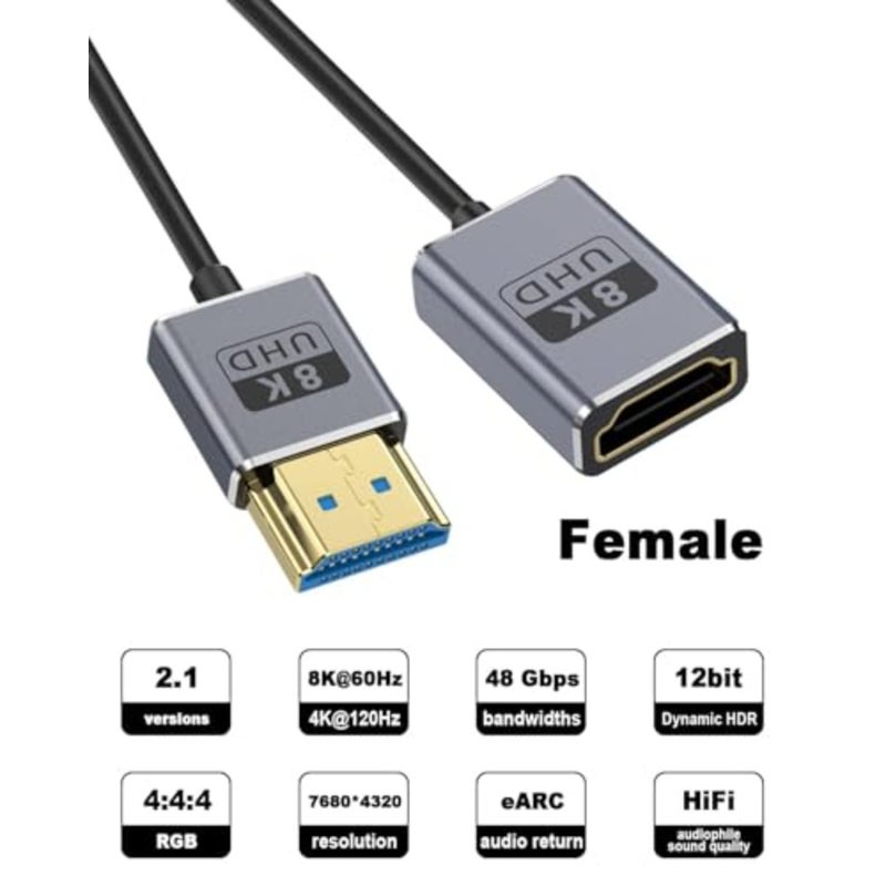 كابل تمديد HDMI محوري 8K، سلك HDMI رفيع للغاية 1FT/30 سم ذكر إلى أنثى، كابل HDMI قصير فائق السرعة 48 جيجابت في الثانية يدعم عرض النطاق الترددي 8K@60 هرتز، 4K@240 هرتز لـ GH5S، PS5، الكمبيوتر الشخصي - Image 2