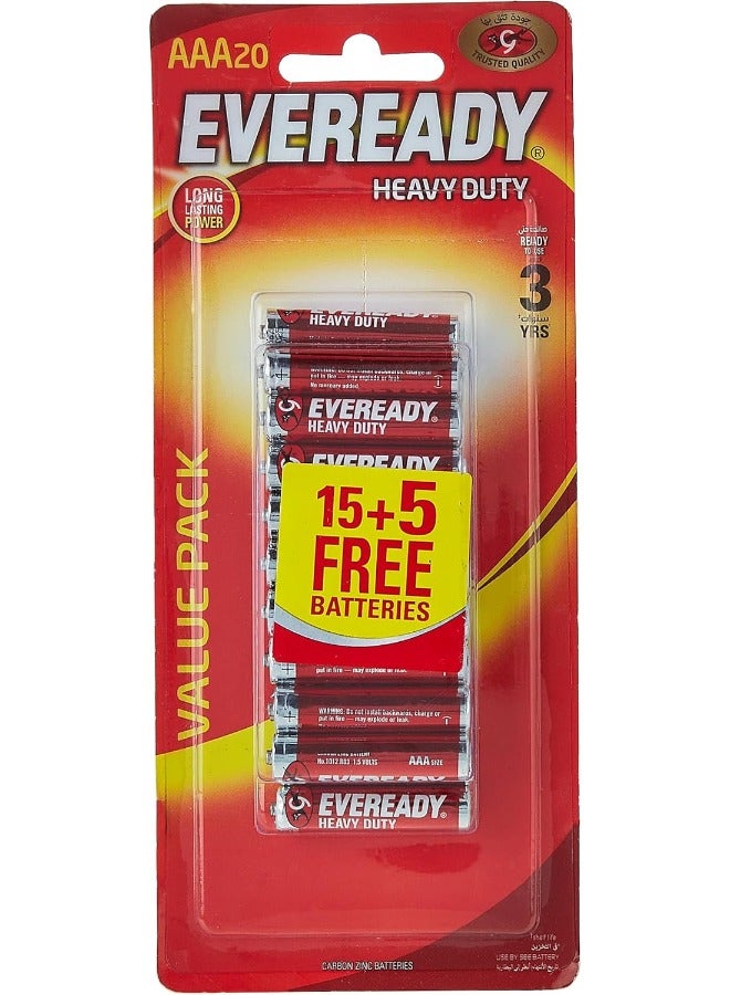Eveready بطاريات زنك كربوني حمراء AAA، 1.5 فولت. عبوة من 20، EVD 1012 AAA BP15+5، بطارية - Image 1
