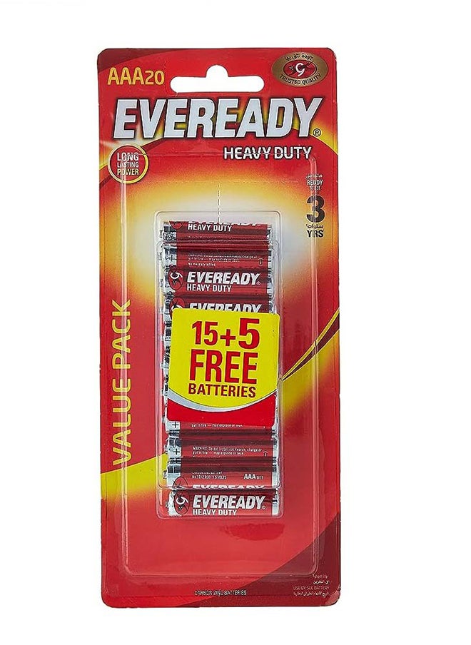 Eveready Red Carbon Zinc Aaa Batteries, 1.5V. Pack Of 20, Evd 1012 Aaa Bp15+5, Battery  - Image 1