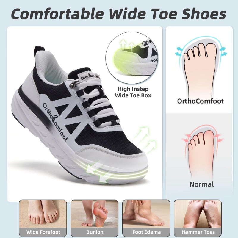 OrthoComfoot Women's Orthopedic Diabetic Wide Tennis Shoes: Comfortable Plantar Fasciitis Orthotic Arch Support Diabetic Bunions Recovery Swollen Sneaker, Stylish Classic Cycling Walking Shoes Black White Size 8.5 - Image 2