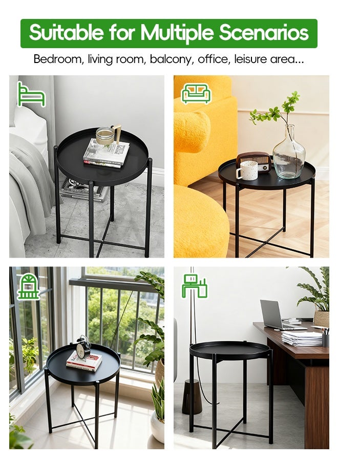 طاولة جانبية/نهائية حديثة، طاولة قهوة معدنية مستديرة مقاومة للصدأ ومقاومة للماء، صينية خارجية أو داخلية لغرفة المعيشة وغرفة النوم والشرفة والمكتب، لون أسود - Image 5
