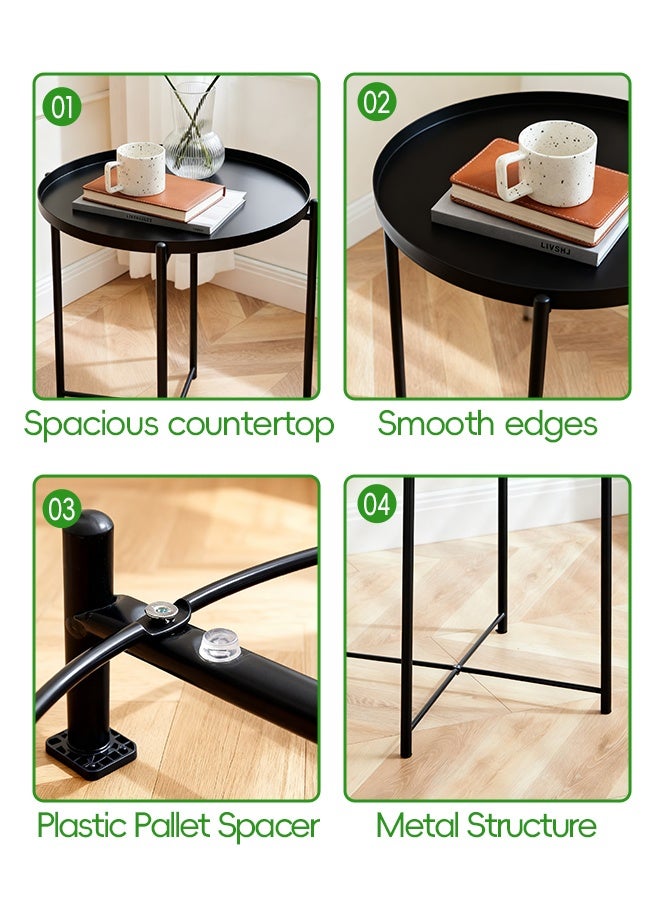 طاولة جانبية/نهائية حديثة، طاولة قهوة معدنية مستديرة مقاومة للصدأ ومقاومة للماء، صينية خارجية أو داخلية لغرفة المعيشة وغرفة النوم والشرفة والمكتب، لون أسود - Image 4