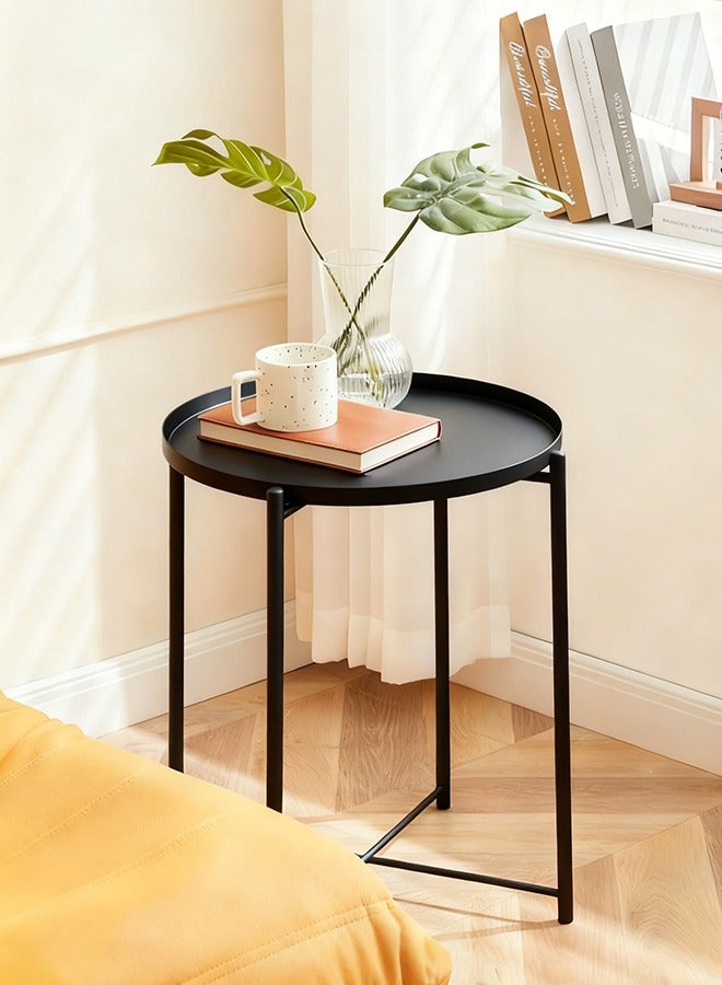 طاولة جانبية/نهائية حديثة، طاولة قهوة معدنية مستديرة مقاومة للصدأ ومقاومة للماء، صينية خارجية أو داخلية لغرفة المعيشة وغرفة النوم والشرفة والمكتب، لون أسود - Image 1