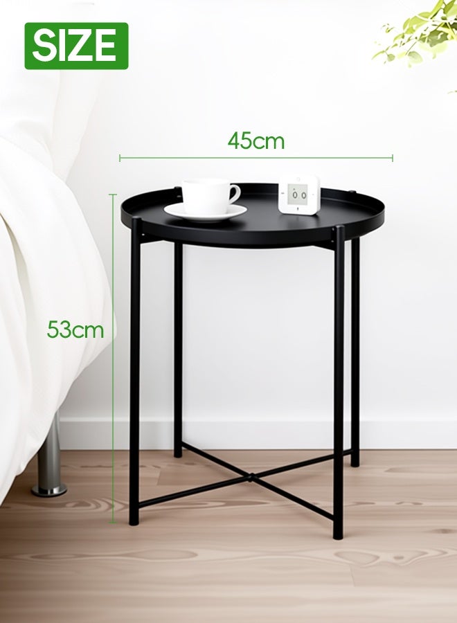 طاولة جانبية/نهائية حديثة، طاولة قهوة معدنية مستديرة مقاومة للصدأ ومقاومة للماء، صينية خارجية أو داخلية لغرفة المعيشة وغرفة النوم والشرفة والمكتب، لون أسود - Image 2