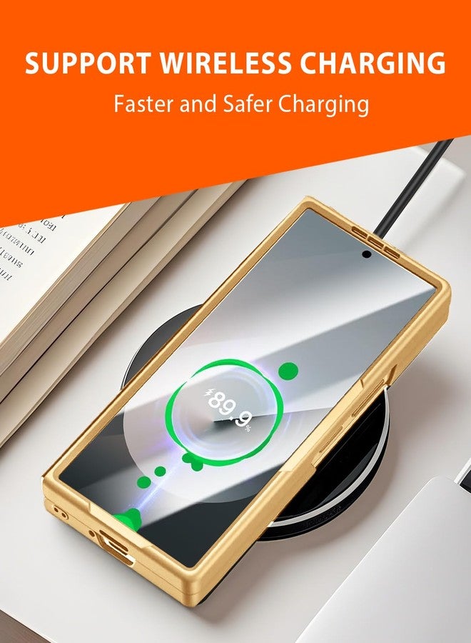 NINKI for Samsung Galaxy Z Fold 6 Case with S Pen & S Pen Holder, Kickstand & Front Screen Protector Hinge Electroplating Leather Phone Cover for Z Fold 6 Case with Stand and Stylus - Gold with Coffee - Image 5