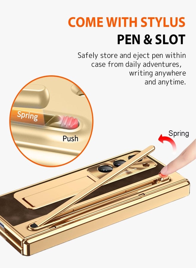 NINKI for Samsung Galaxy Z Fold 6 Case with S Pen & S Pen Holder, Kickstand & Front Screen Protector Hinge Electroplating Leather Phone Cover for Z Fold 6 Case with Stand and Stylus - Gold with Coffee - Image 2