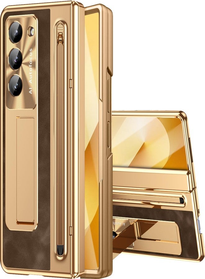 NINKI for Samsung Galaxy Z Fold 6 Case with S Pen & S Pen Holder, Kickstand & Front Screen Protector Hinge Electroplating Leather Phone Cover for Z Fold 6 Case with Stand and Stylus - Gold with Coffee - Image 1