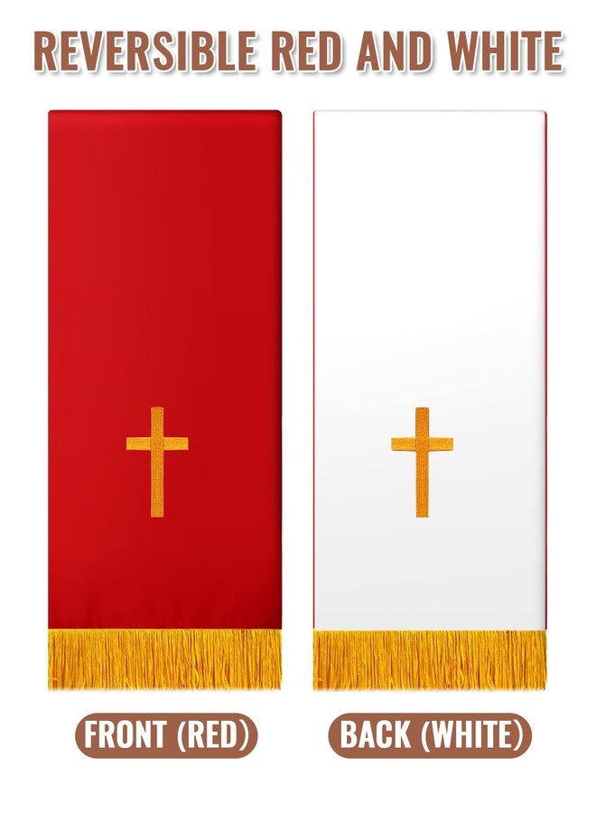 Cutecrop Set of 3 Reversible Clergy Reversible Red White Parament Set Table Runner Bookmark Pulpit Scarf Set with Gold Cross for Gift - Image 4